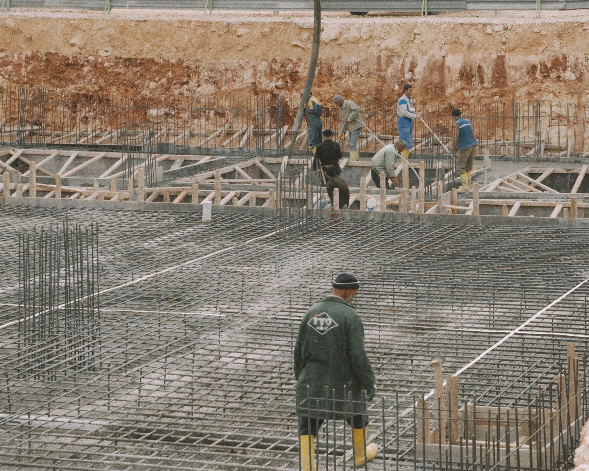 Steel reinforcement being placed on a construction site